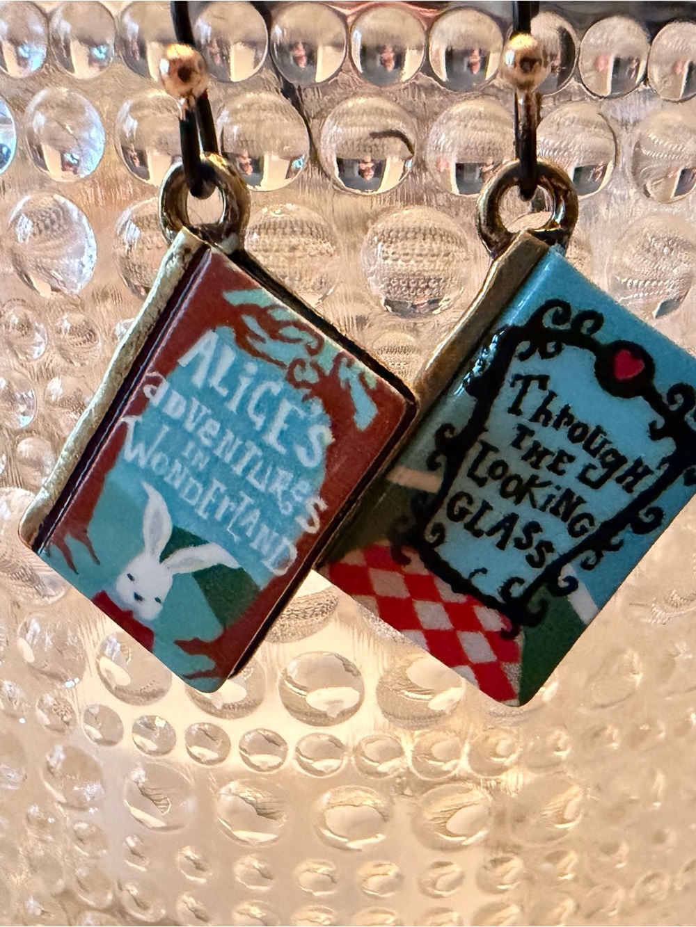 Alice in Wonderland Book Dangle Earrings - Teal & Red
